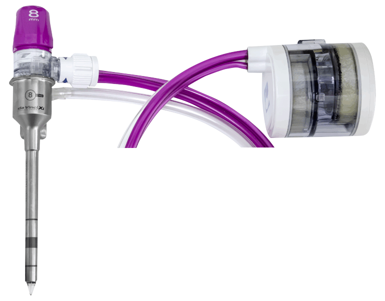 The AirSeal trocar with its filter tube set.