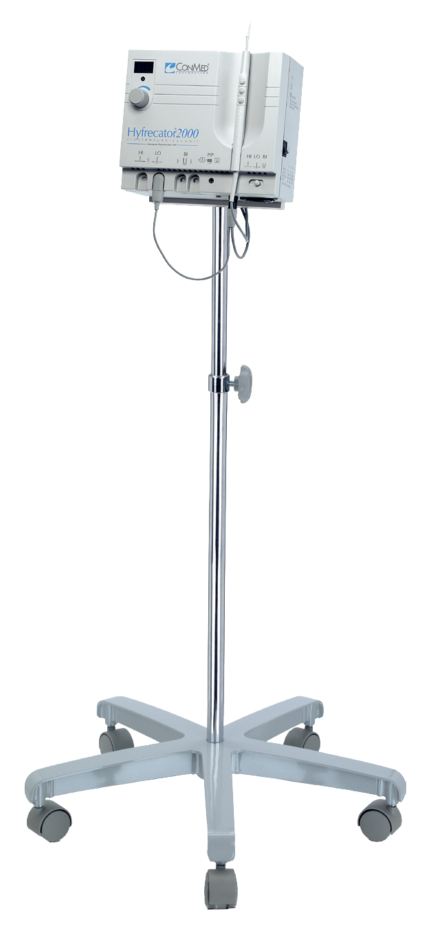 The Hyfrecator 2000 mounted on its mobile stand with five castors.