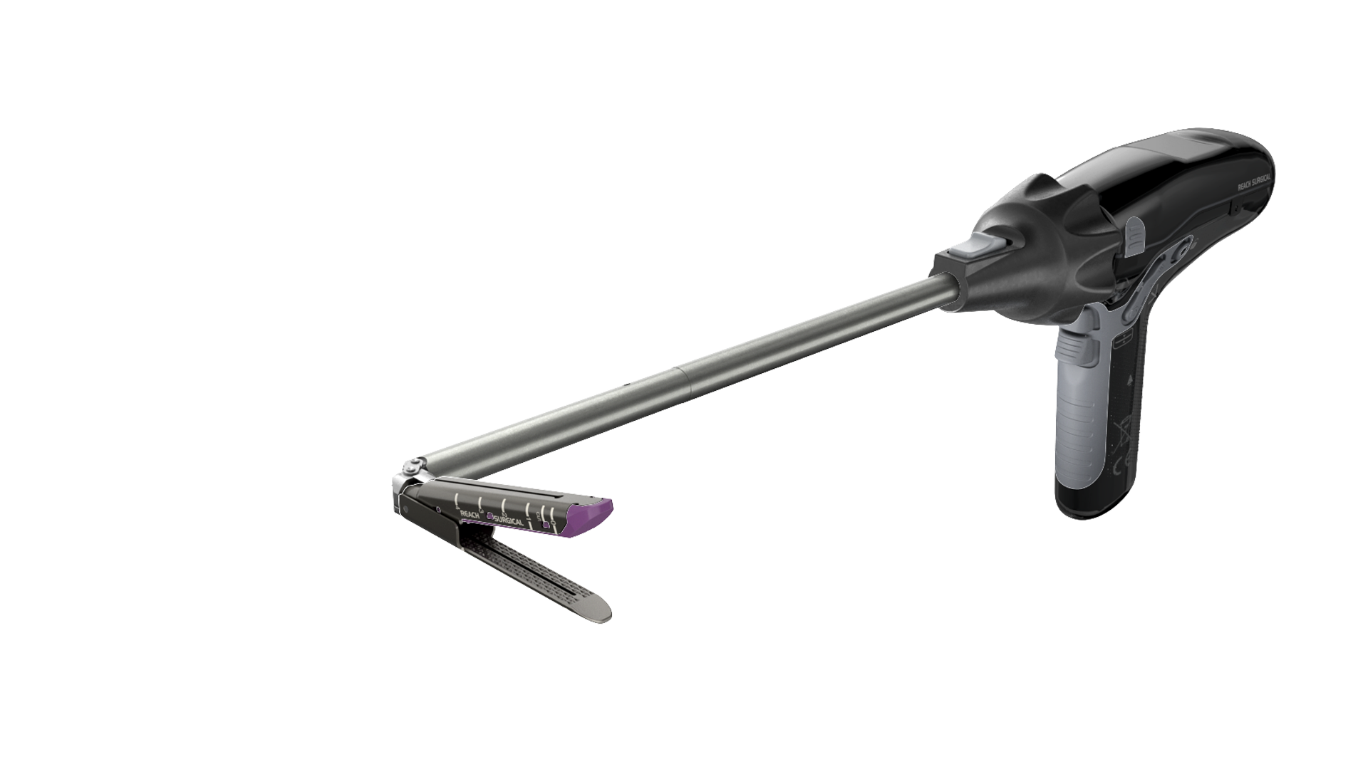The complete IRIS powered stapler: reusable handle, shaft and articulating jaw with a reload loaded.