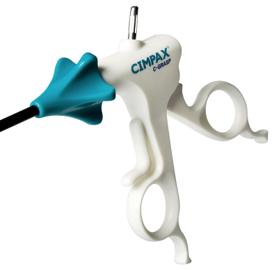 Close-up of the C-LAP handle, with the teal rotation wheel and the ratchet lock.