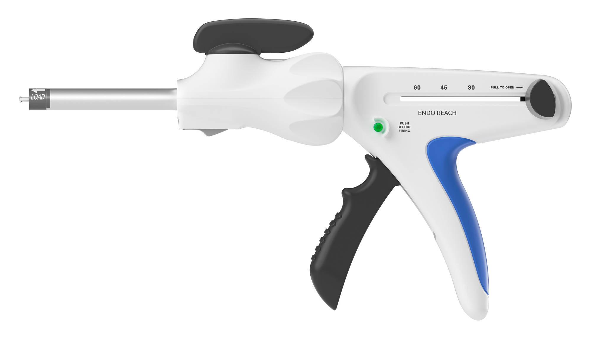 Side view of the ENDO RLCZ handle, showing the indicator window, the green safety button and the rear opening knob.