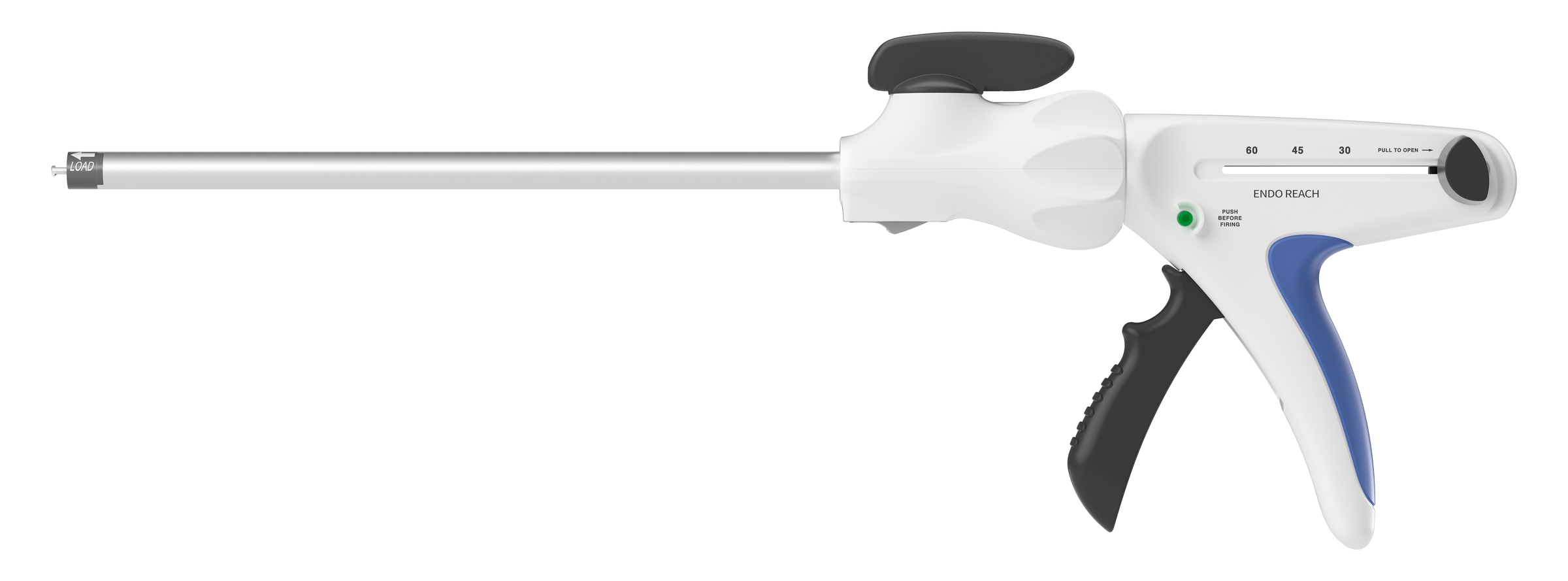 The ENDO RLCZ universal stapler seen from the side, shaft straight.