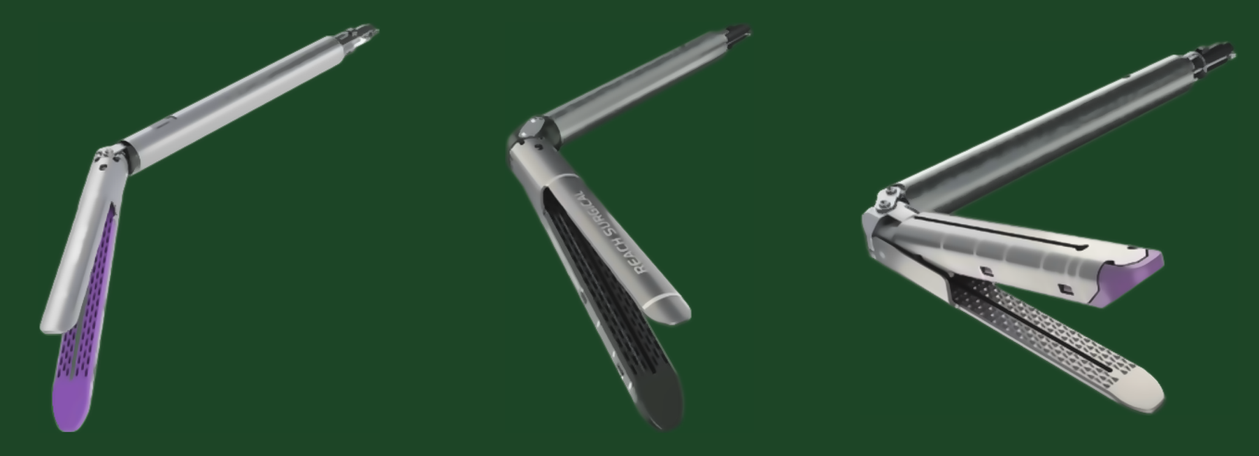 The IRIS jaw shown at three articulation angles: forty-five, sixty-five and ninety degrees off the shaft.