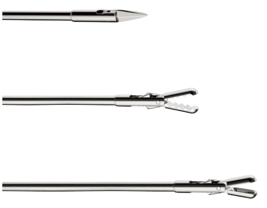 The distal ends of the three semi-rigid 6 Fr instruments.