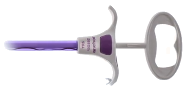 Close-up of the Anchor handle with the thumb ring and the specimen bag release button.
